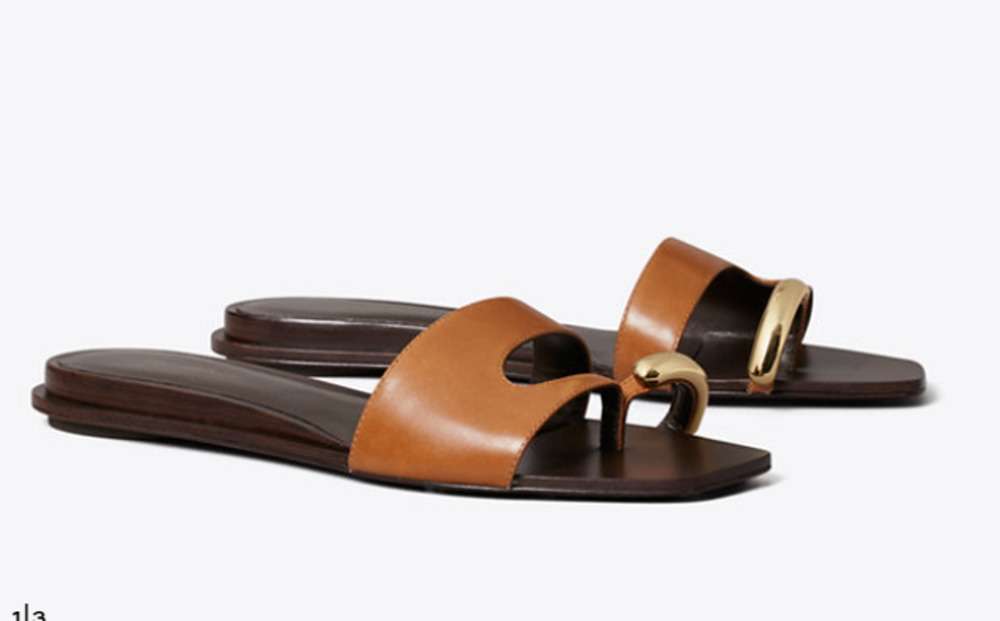 NWOT Tory Burch Pierced Leather Slip On Slide Sandals Aged Tan Gold Women US 9.5